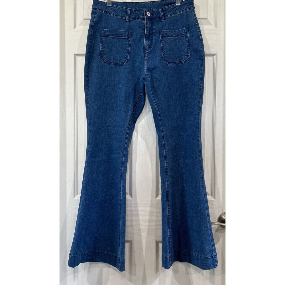 70s Style Flare Bell Bottom Jeans Stretch Denim Square Pocket Front Women's XL
